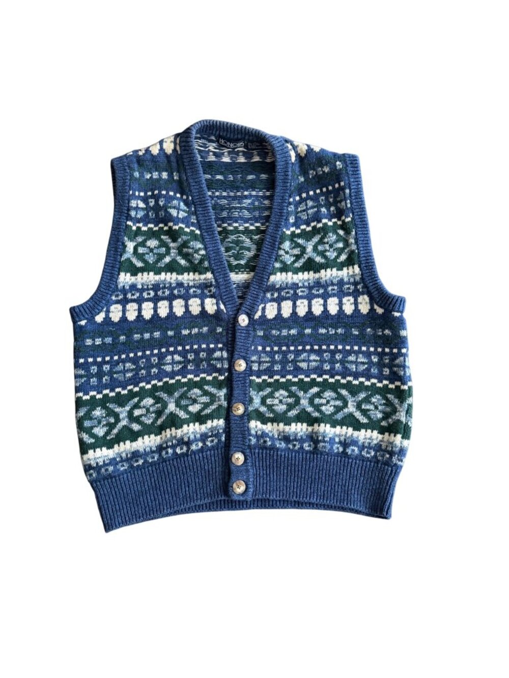 Honors Womens Fair Isle Knit Sweater Vest Blue Green Button Front Size S